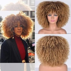 Afro Kinky Curly Short Wig With Bangs Blonde